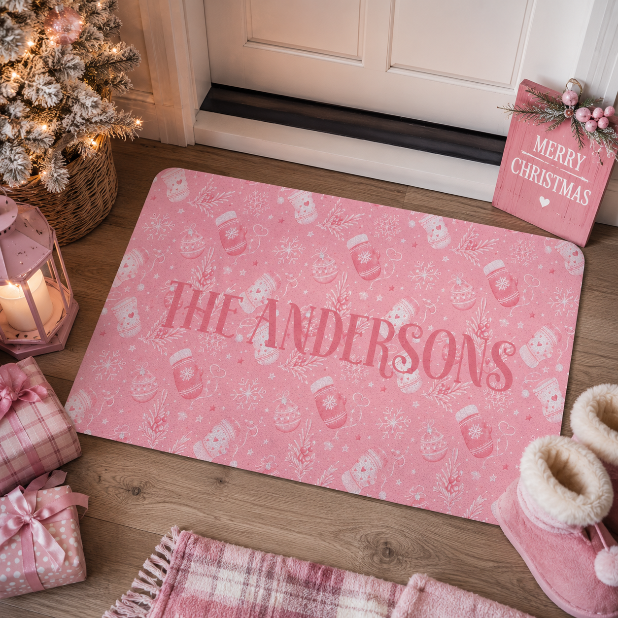 Personalization guide showing the custom family name on the pink Christmas doormat