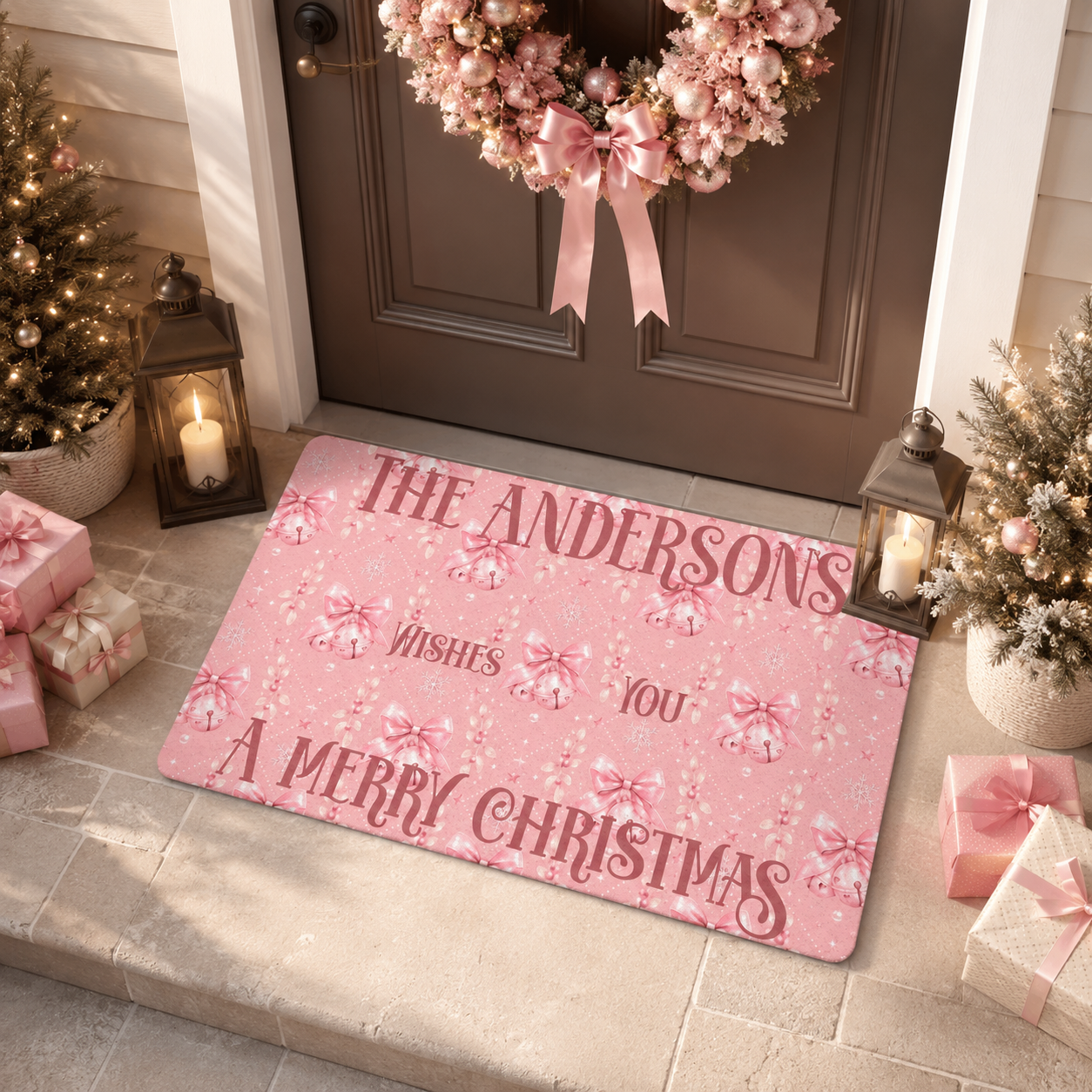 Design template for the pink Merry Christmas doormat showing the print layout