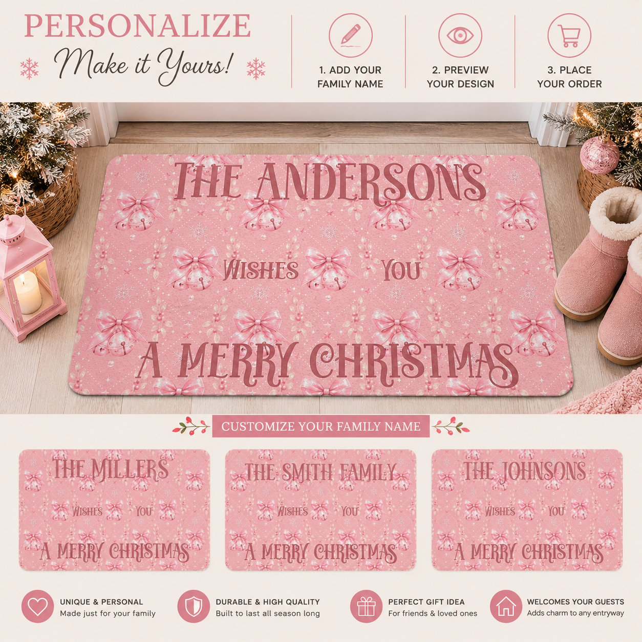 Close-up of the pink bell and bow pattern on the Merry Christmas doormat