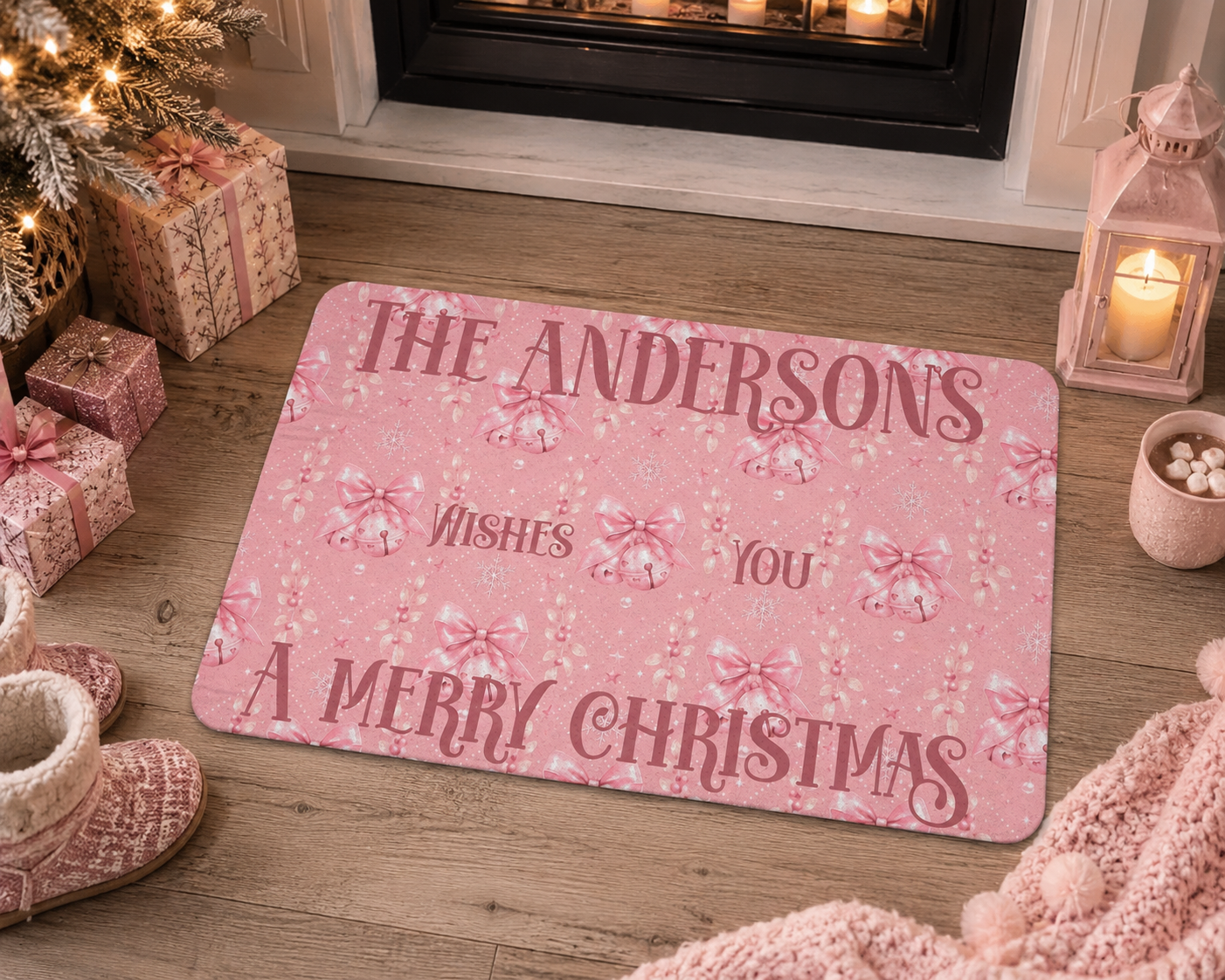 Personalization guide showing the custom family greeting on the pink Merry Christmas doormat