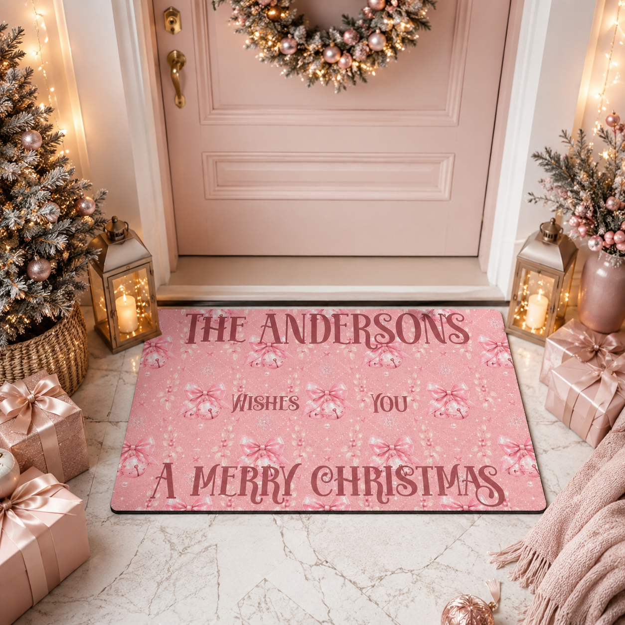 Pink Merry Christmas doormat shown on a floor by a front door
