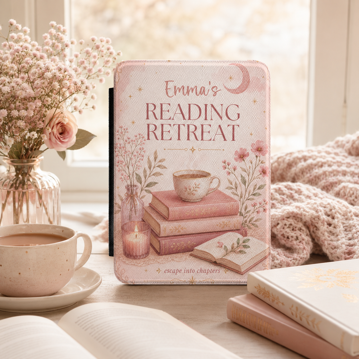 Design template for the pink reading retreat Kindle case showing the print layout
