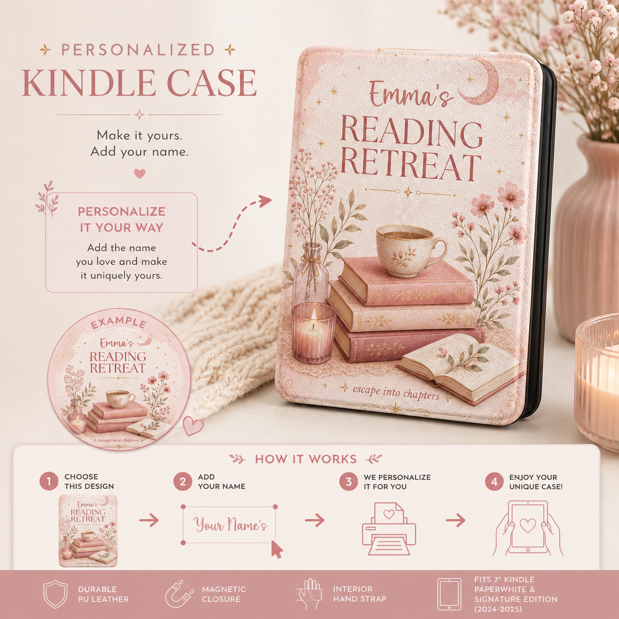 Personalization guide showing the custom name on the pink reading retreat Kindle case