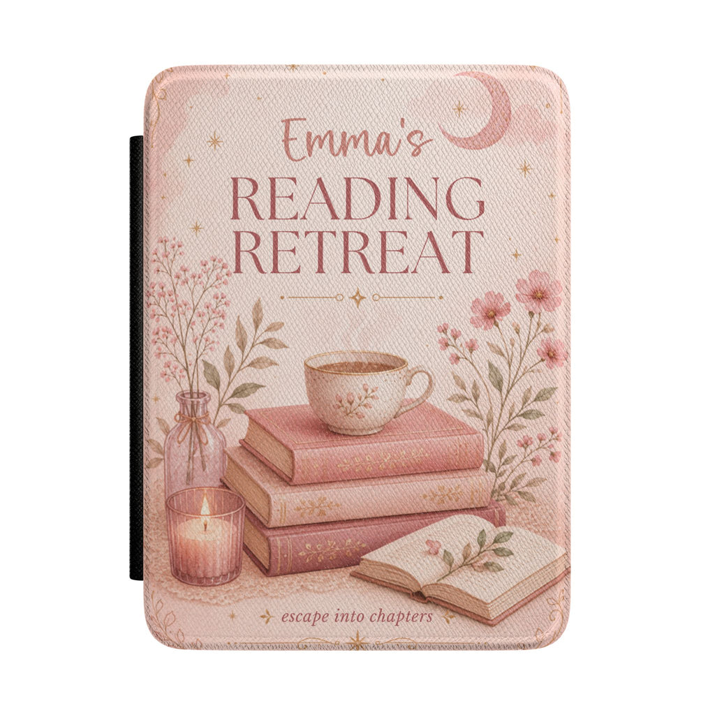 Personalized pink reading retreat Kindle case with books, a warm cup, a candle, and a custom name reading Reading Retreat