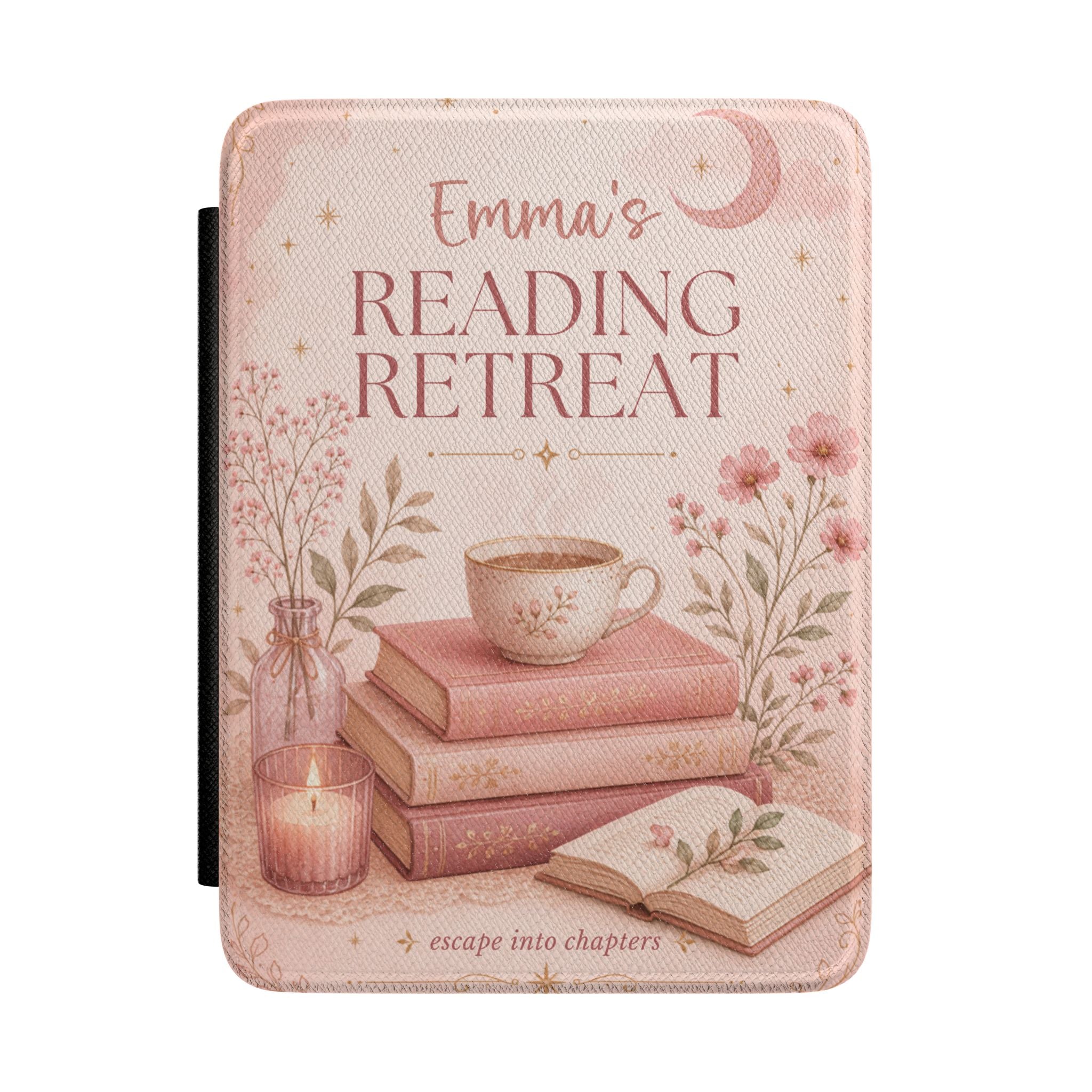 Personalized pink reading retreat Kindle case with books, a warm cup, a candle, and a custom name reading Reading Retreat