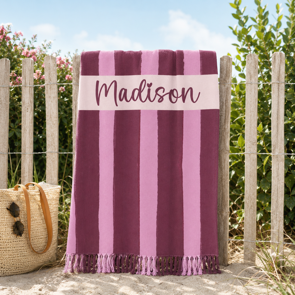 Pink stripe beach towel design detail with custom name banner