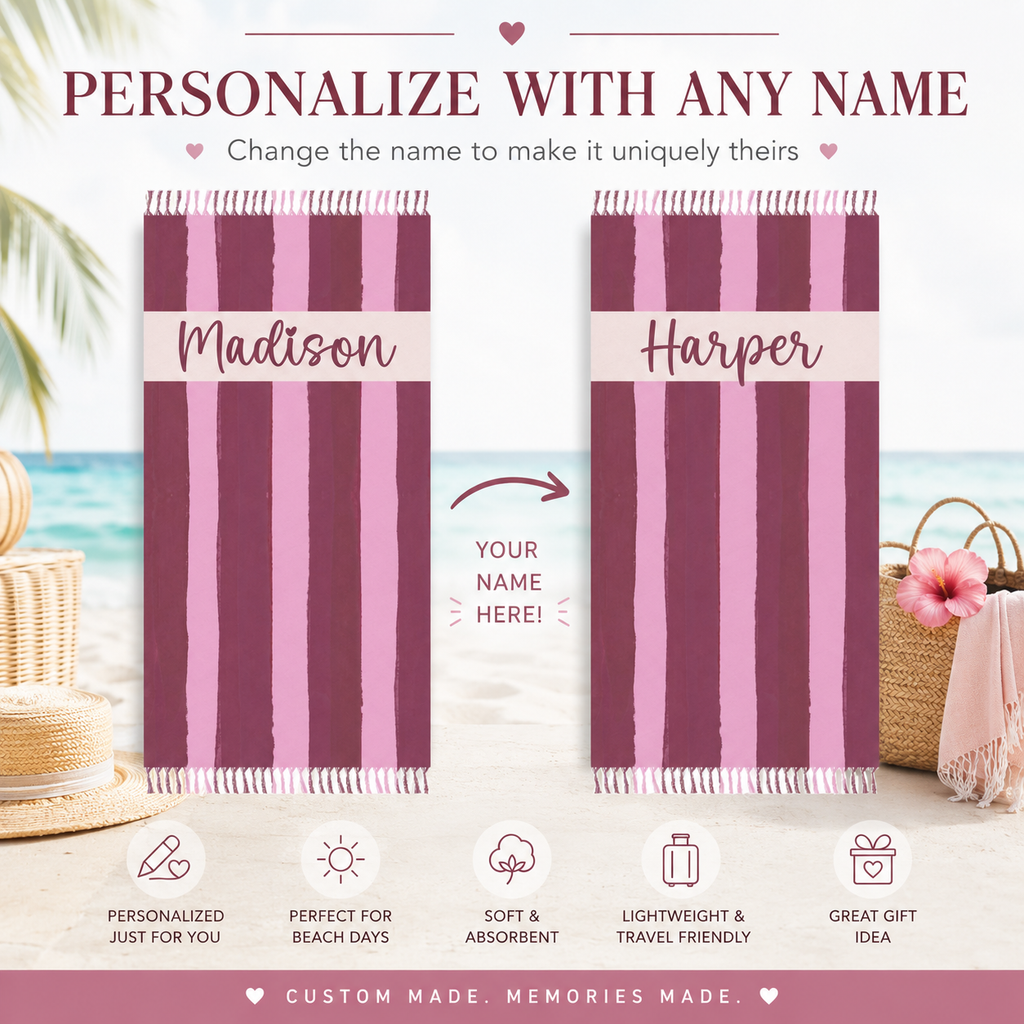 Berry stripe personalized beach towel artwork