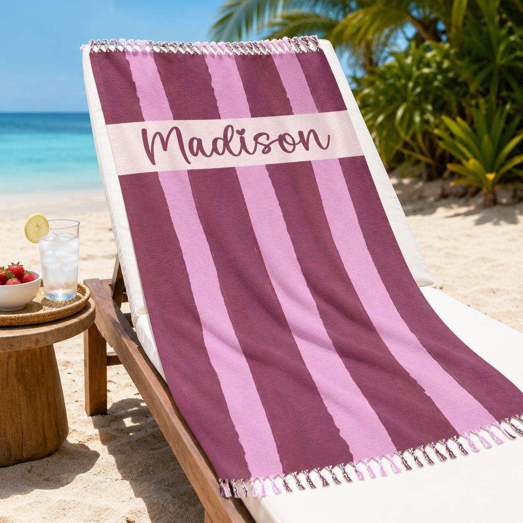 Berry and pink stripe beach towel print design with personalized name