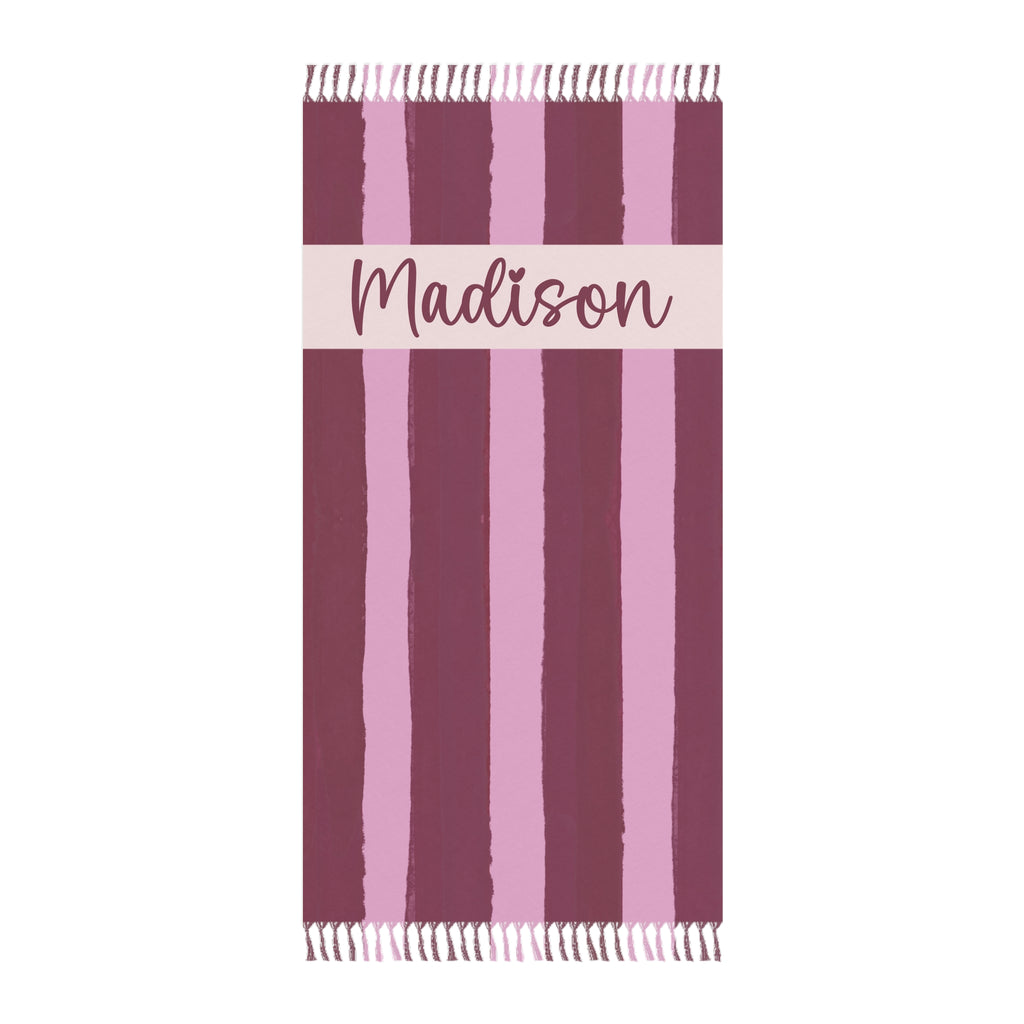 Personalized pink stripe beach towel with custom name and tassels