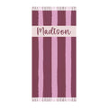 Personalized pink stripe beach towel with custom name and tassels