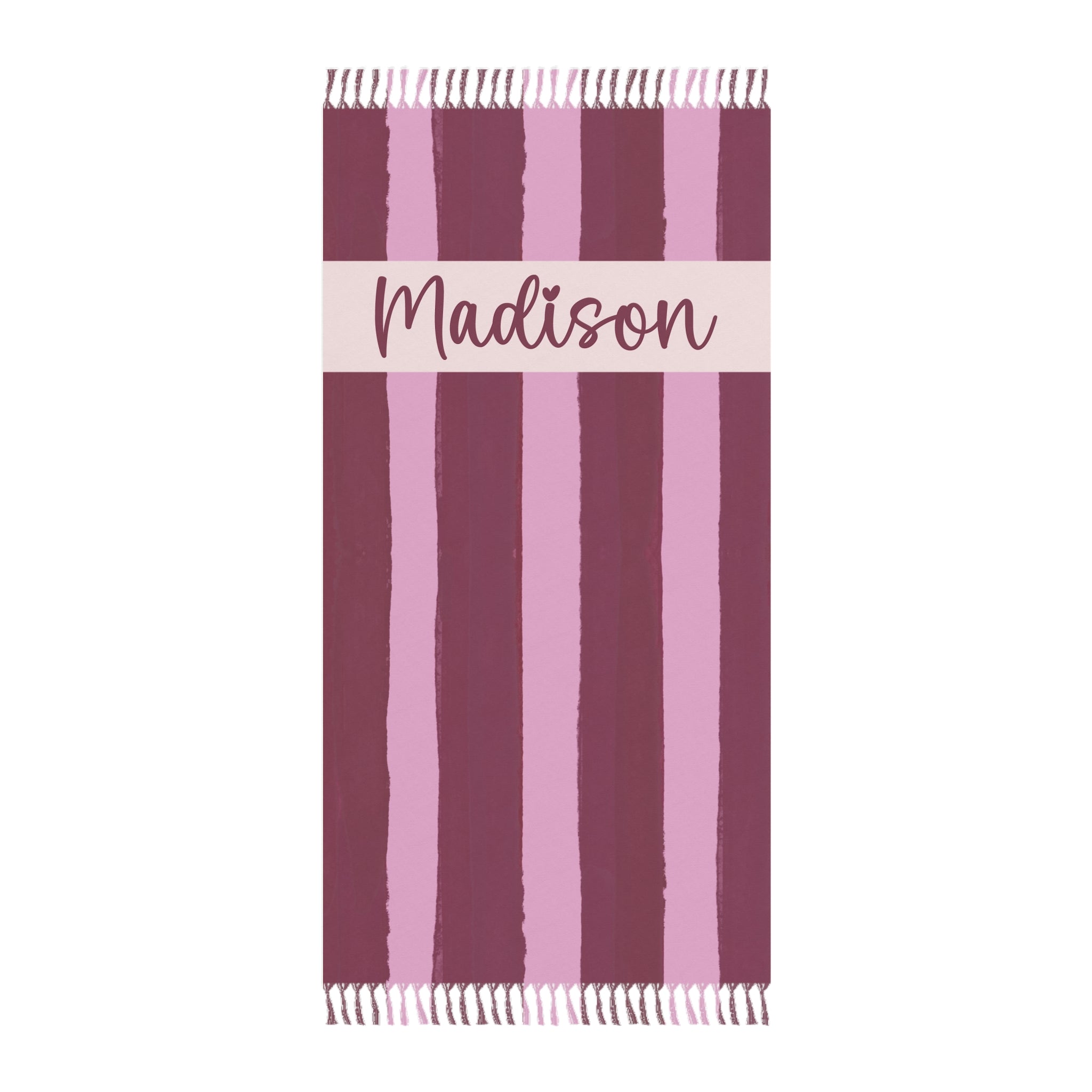 Personalized pink stripe beach towel with custom name and tassels