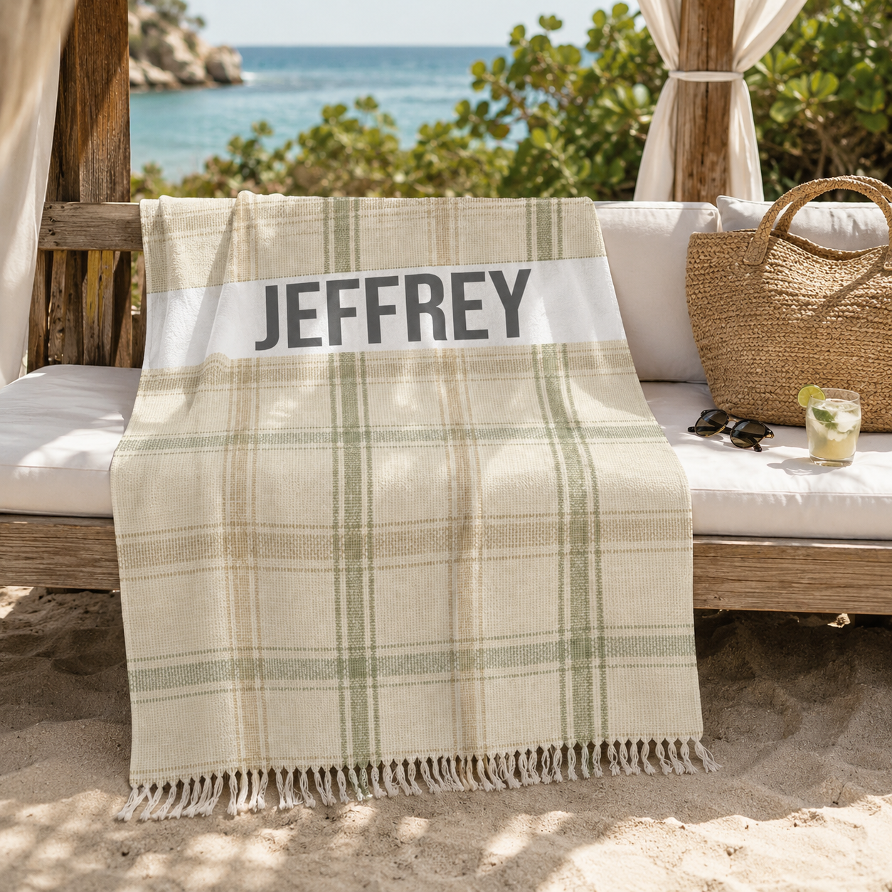 Plaid check beach towel design detail with custom name