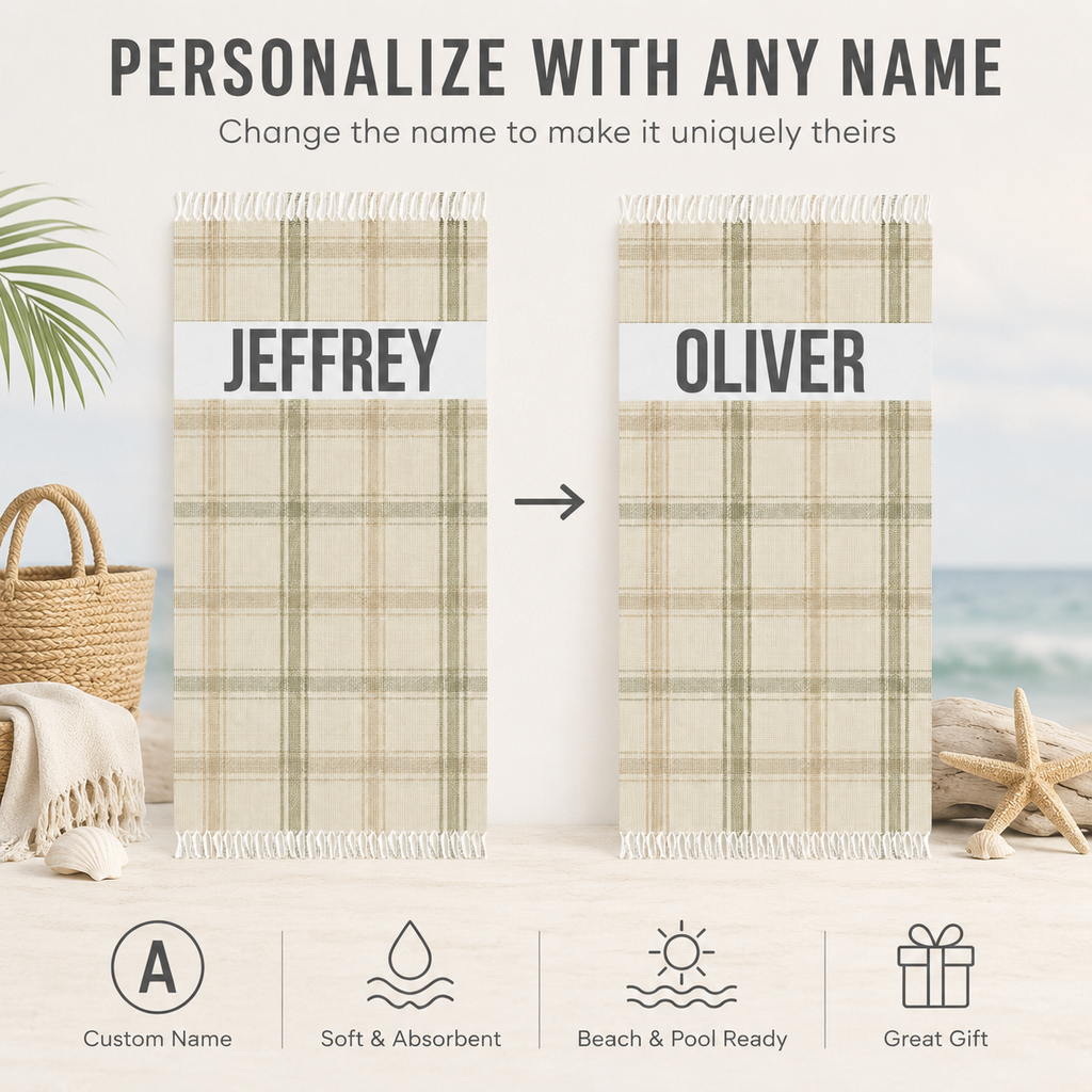Green plaid personalized beach towel artwork