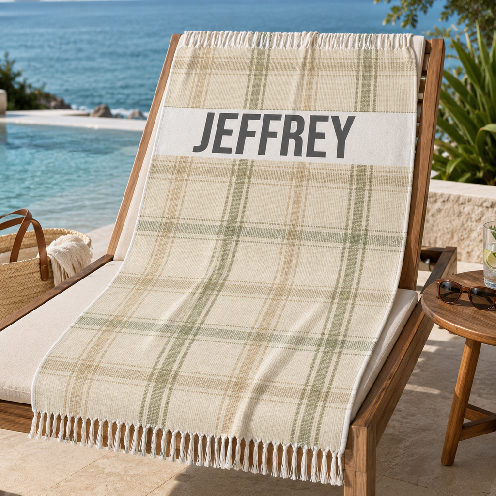 Green and beige plaid beach towel print design with personalized name