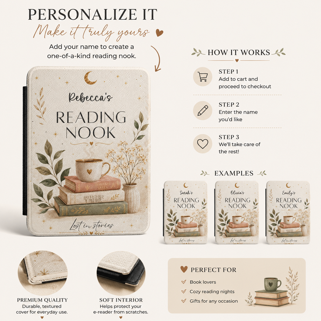 Personalization guide showing the custom name on the reading nook Kindle case