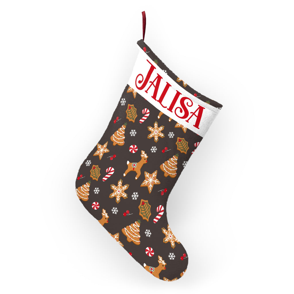Reindeer gingerbread Christmas stocking shown hanging as festive mantel decor