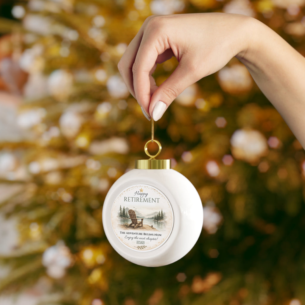 Back of the retirement ceramic Christmas ball ornament
