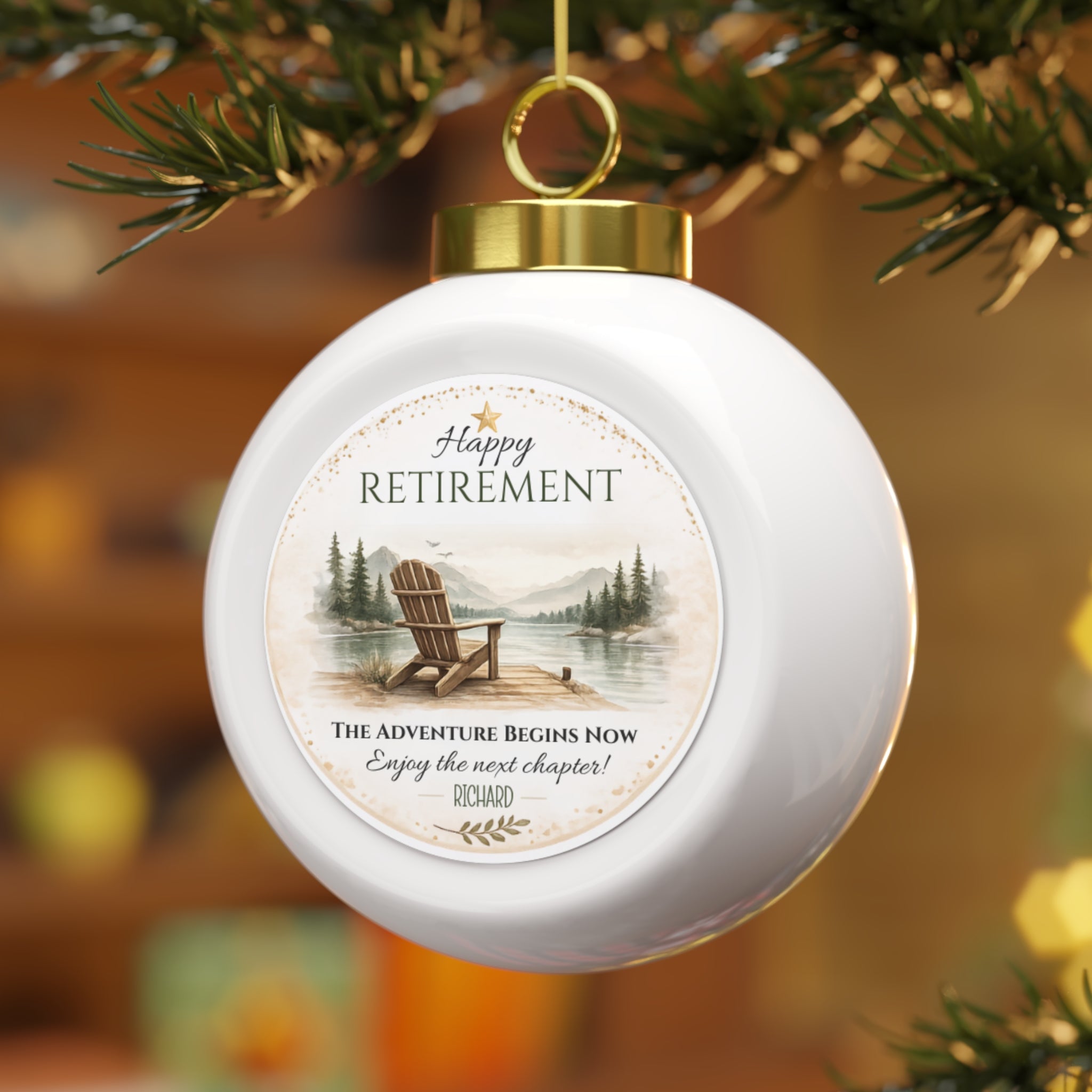 Retirement Christmas ornament hanging on a Christmas tree