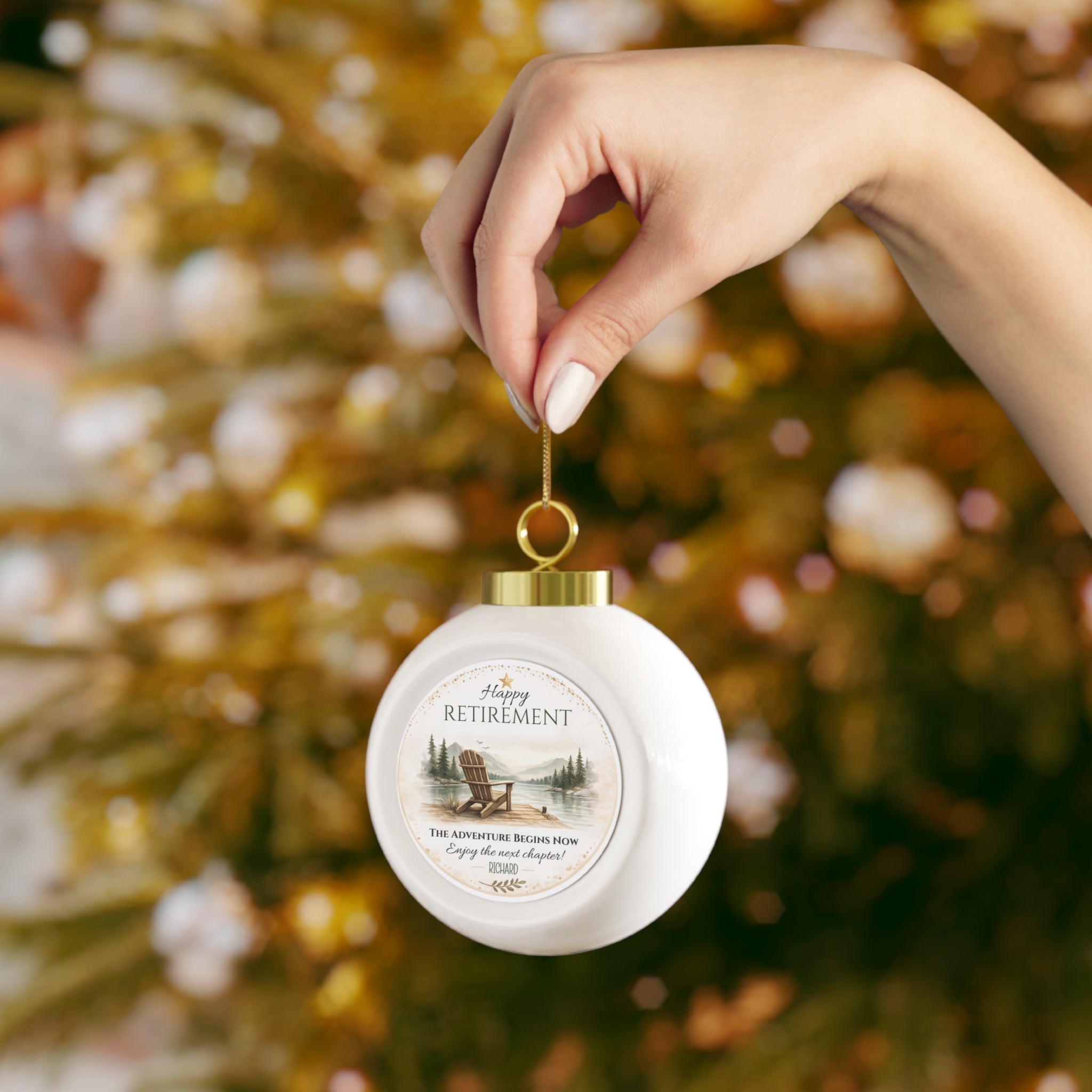 Retirement Christmas ornament styled with holiday decor