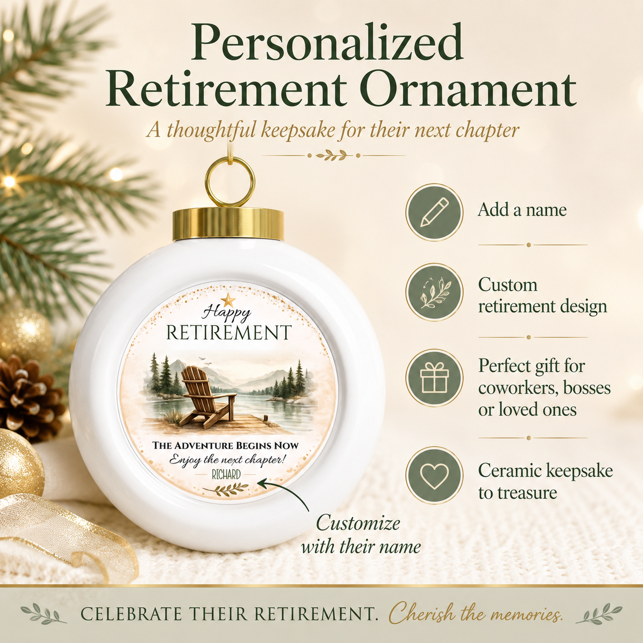 Personalization template showing the name placement on the retirement ornament