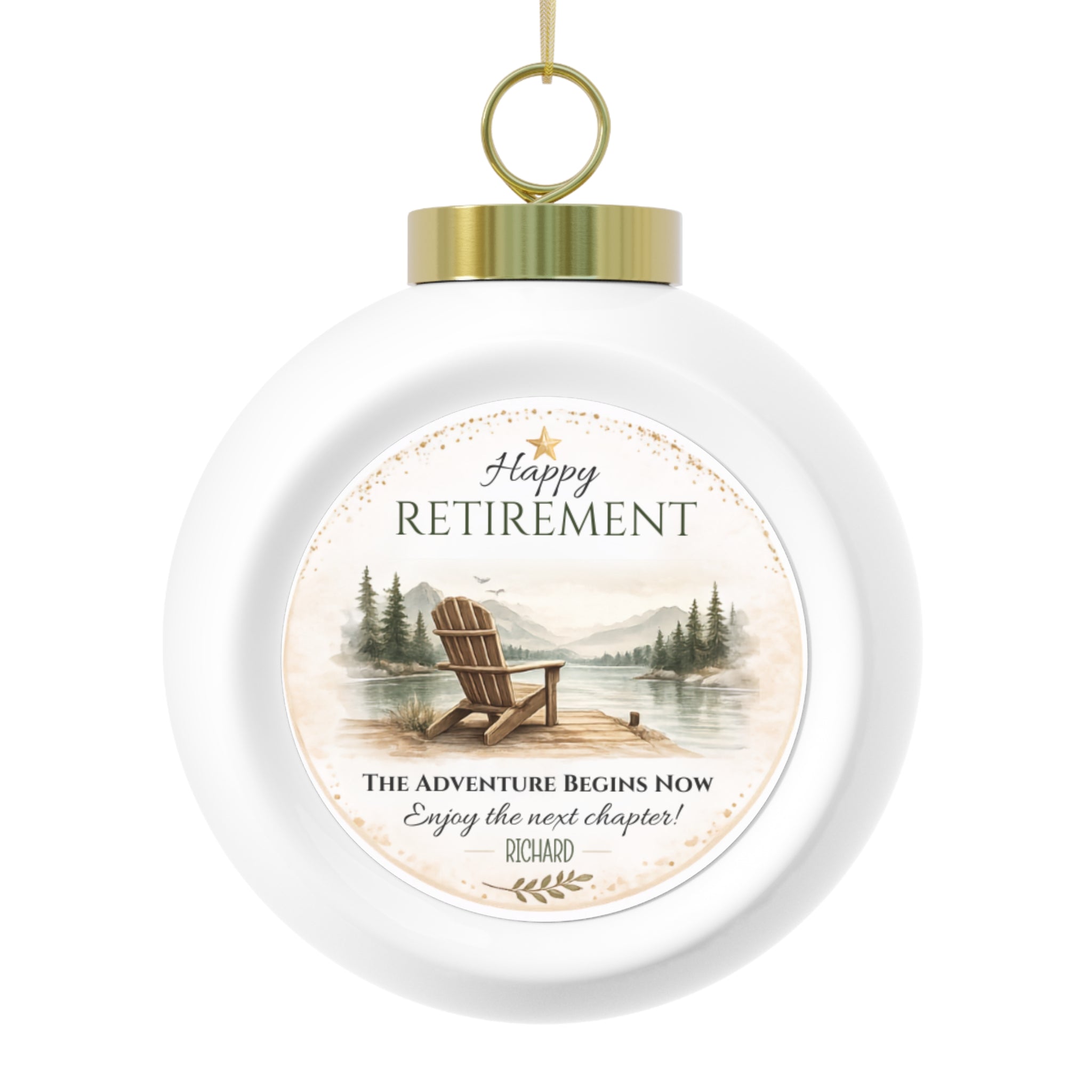 Personalized retirement Christmas ornament with a lakeside chair scene, Happy Retirement text, and a custom name