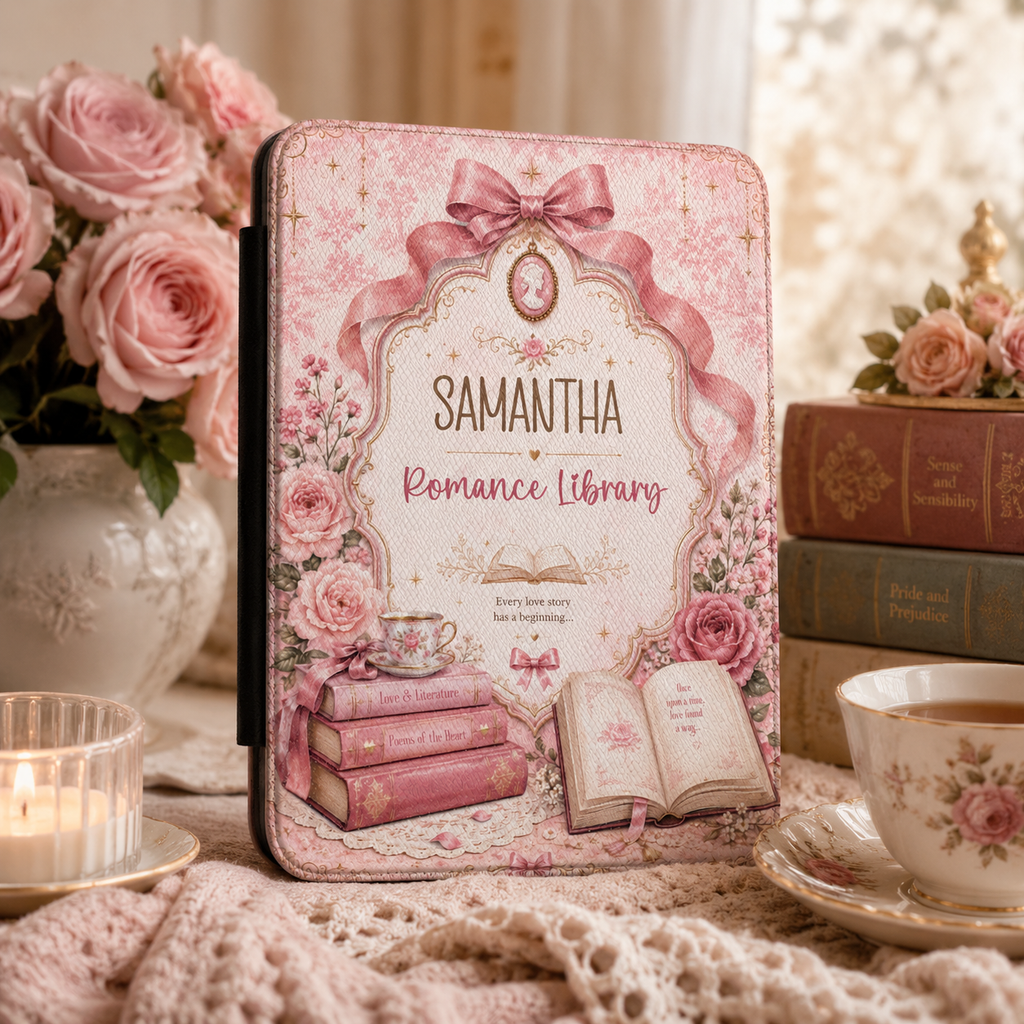 Design template for the romance library Kindle case showing the print layout