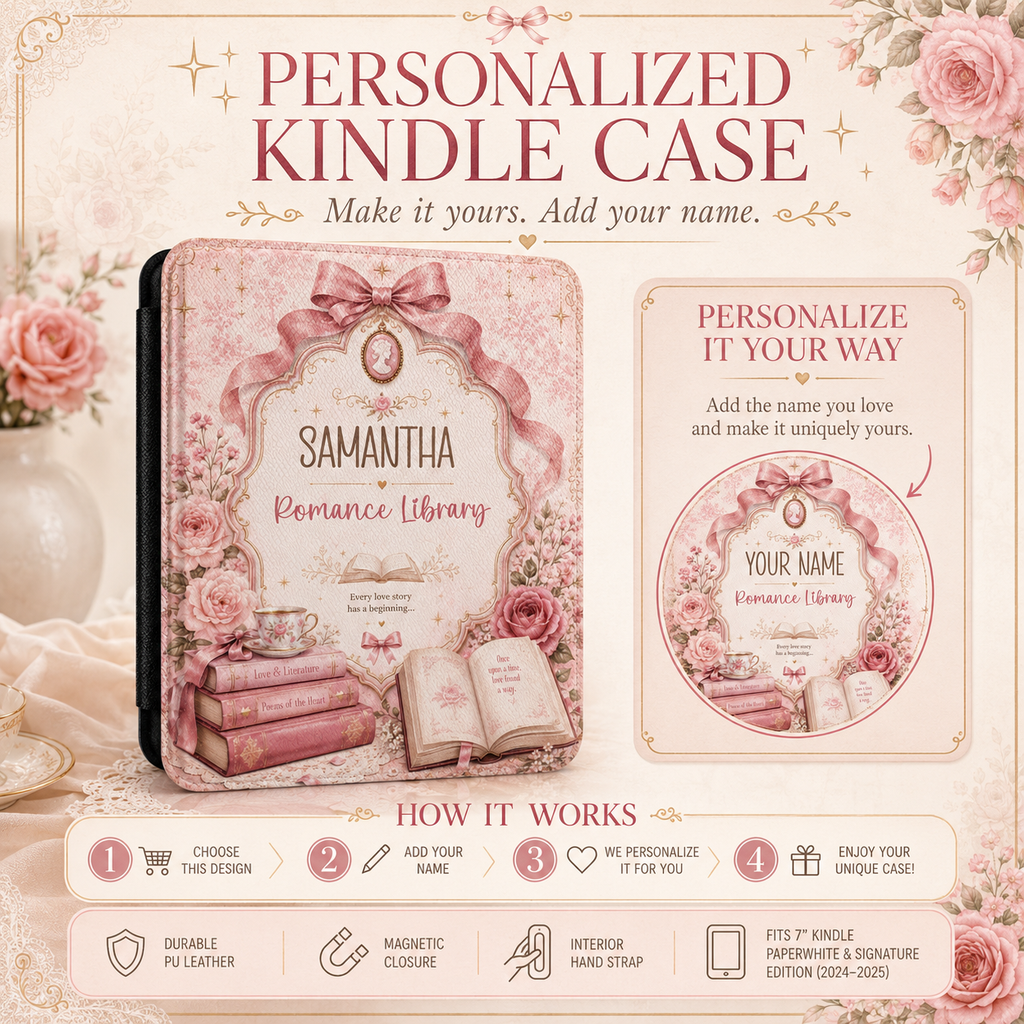 Personalization guide showing the custom name on the romance library Kindle case