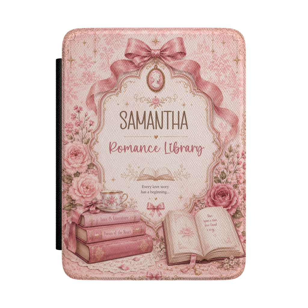 Personalized romance library Kindle case in pink PU leather with roses, a bow, and a custom name reading Romance Library