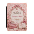 Personalized romance library Kindle case in pink PU leather with roses, a bow, and a custom name reading Romance Library