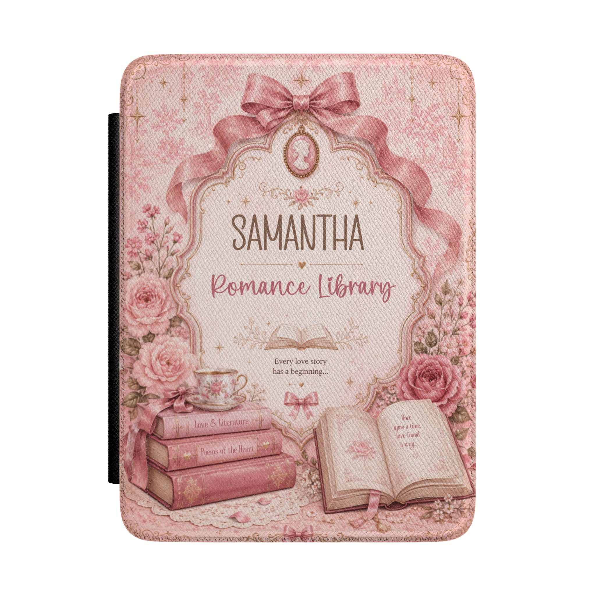 Personalized romance library Kindle case in pink PU leather with roses, a bow, and a custom name reading Romance Library