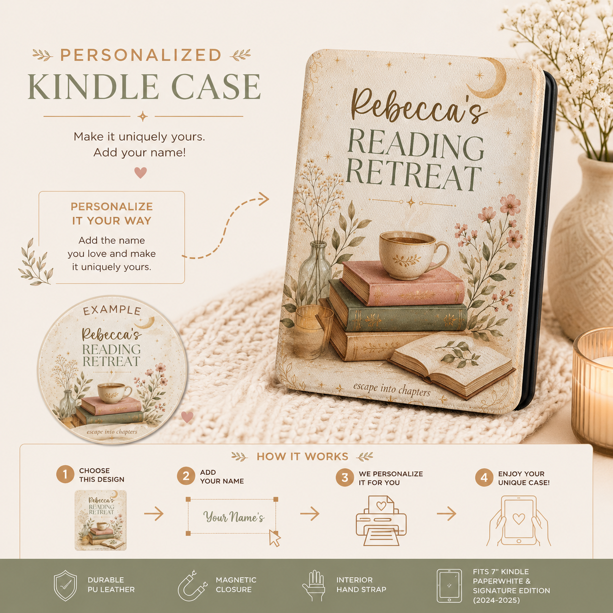Personalization guide showing the custom name on the sage reading retreat Kindle case
