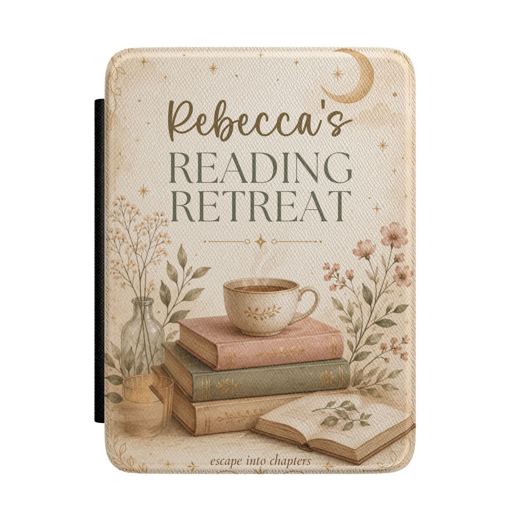 Personalized sage reading retreat Kindle case in soft neutral tones with books, a warm cup, and a custom name reading Reading Retreat