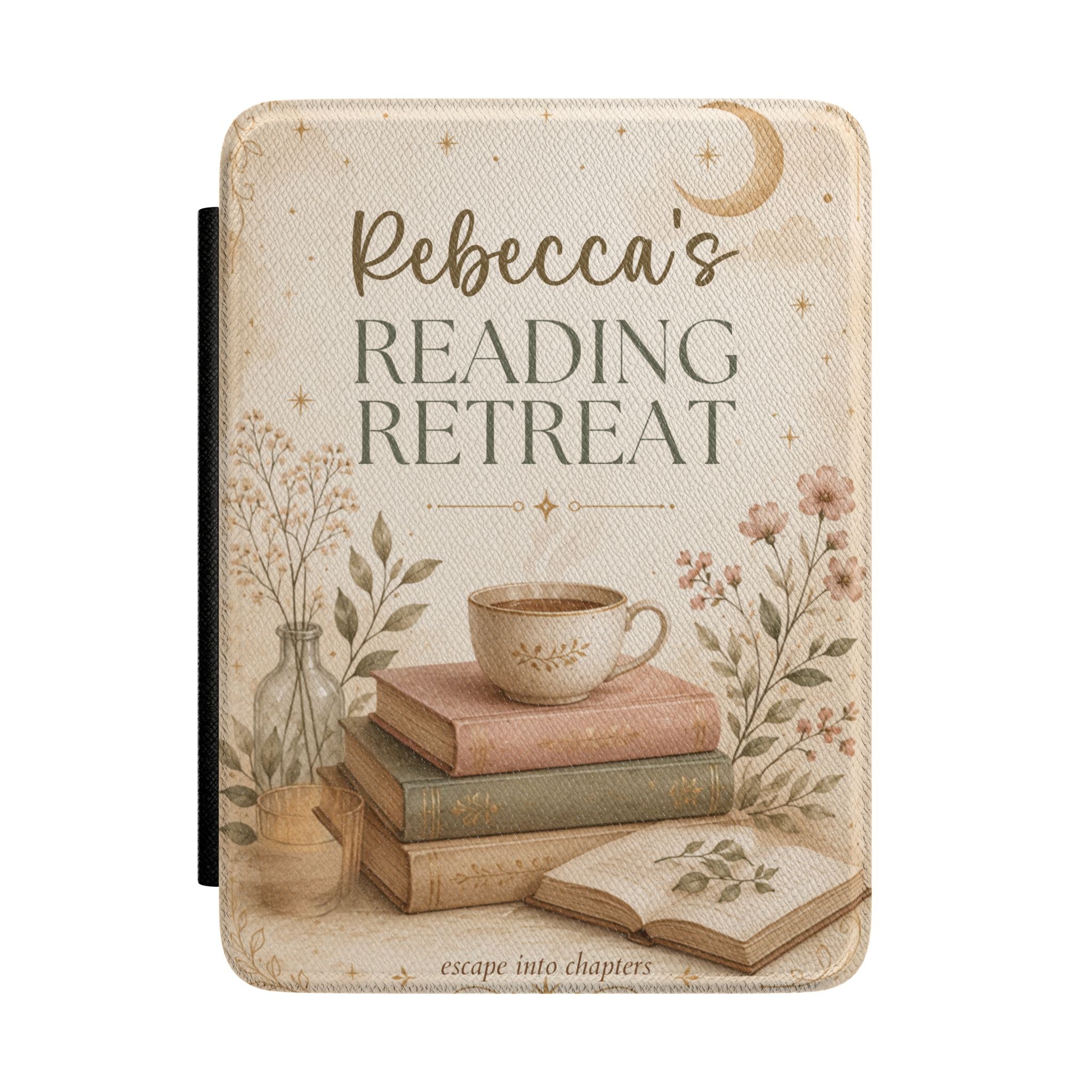 Personalized sage reading retreat Kindle case in soft neutral tones with books, a warm cup, and a custom name reading Reading Retreat