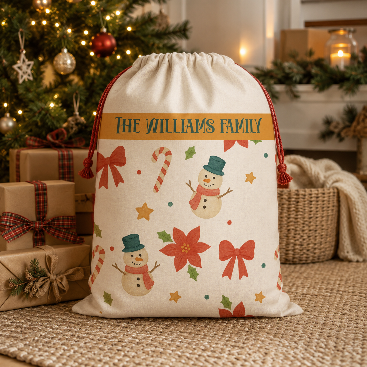 Design template for the snowman Santa sack showing the print layout