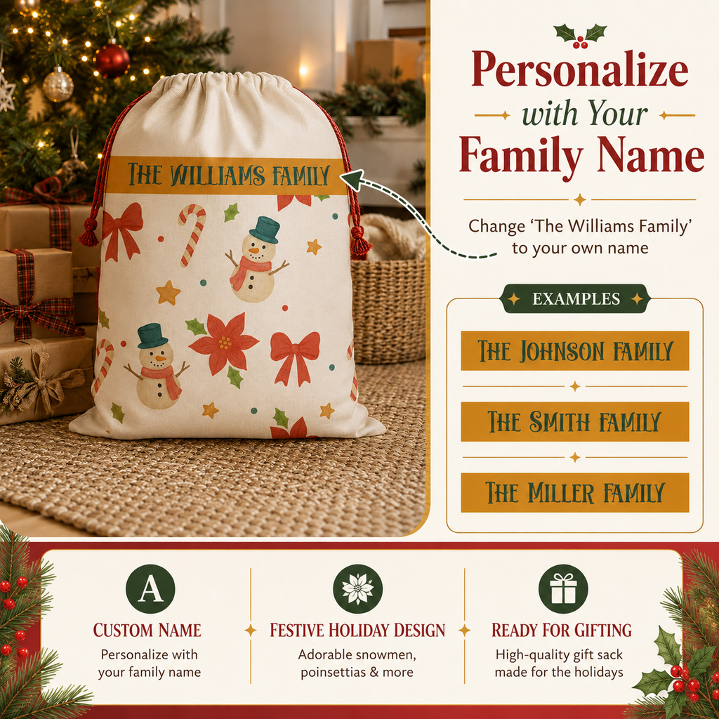Personalization guide showing the family name band on the snowman Santa sack