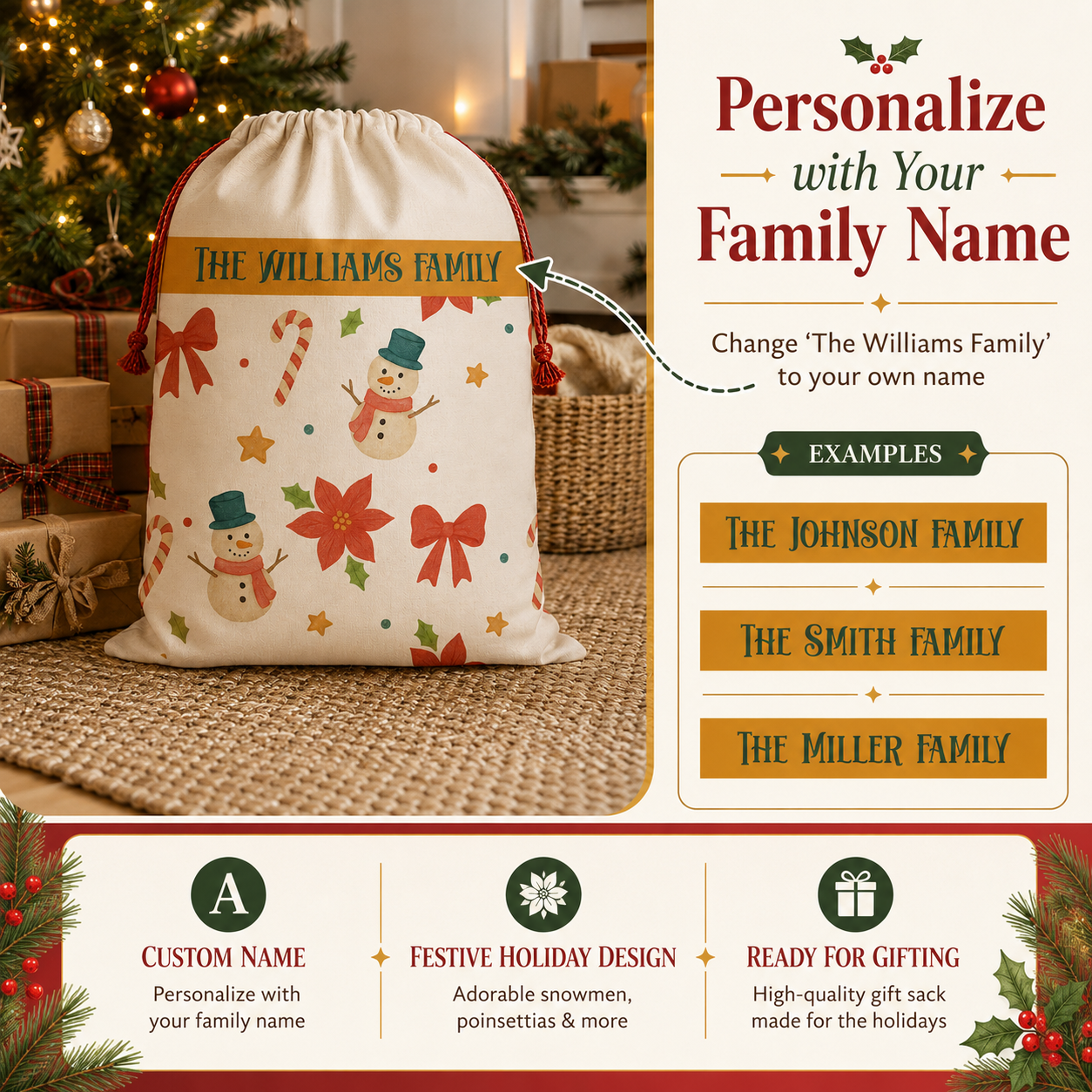 Personalization guide showing the family name band on the snowman Santa sack