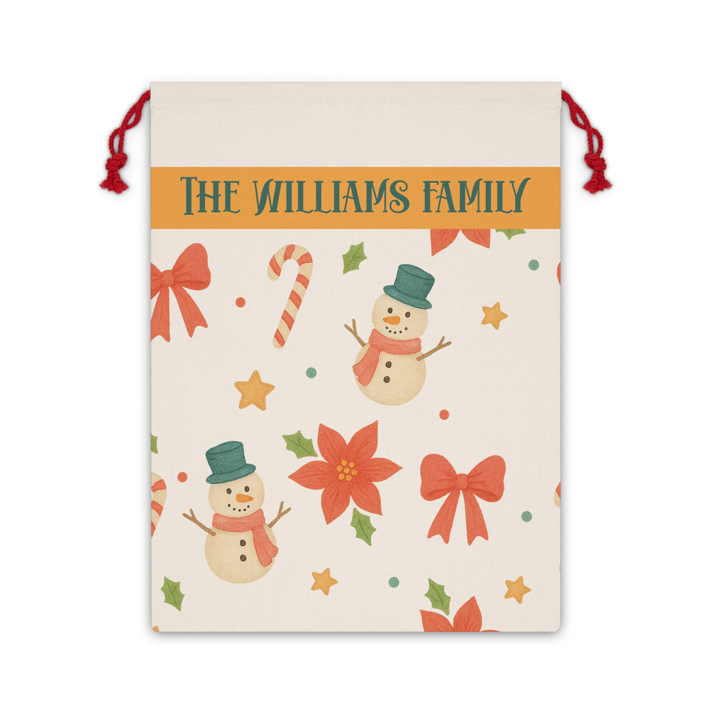 Personalized snowman Santa sack with a family name band, snowmen, candy canes and poinsettias on a cream drawstring bag