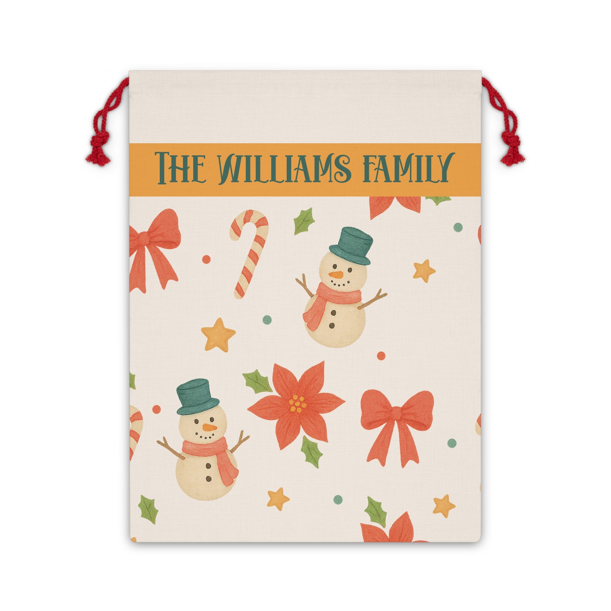 Personalized snowman Santa sack with a family name band, snowmen, candy canes and poinsettias on a cream drawstring bag