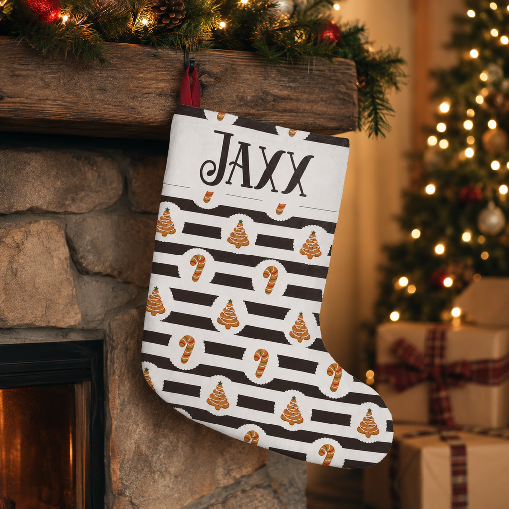 Design template for the striped gingerbread Christmas stocking showing the print layout