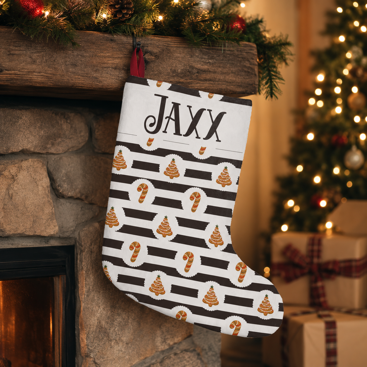 Design template for the striped gingerbread Christmas stocking showing the print layout