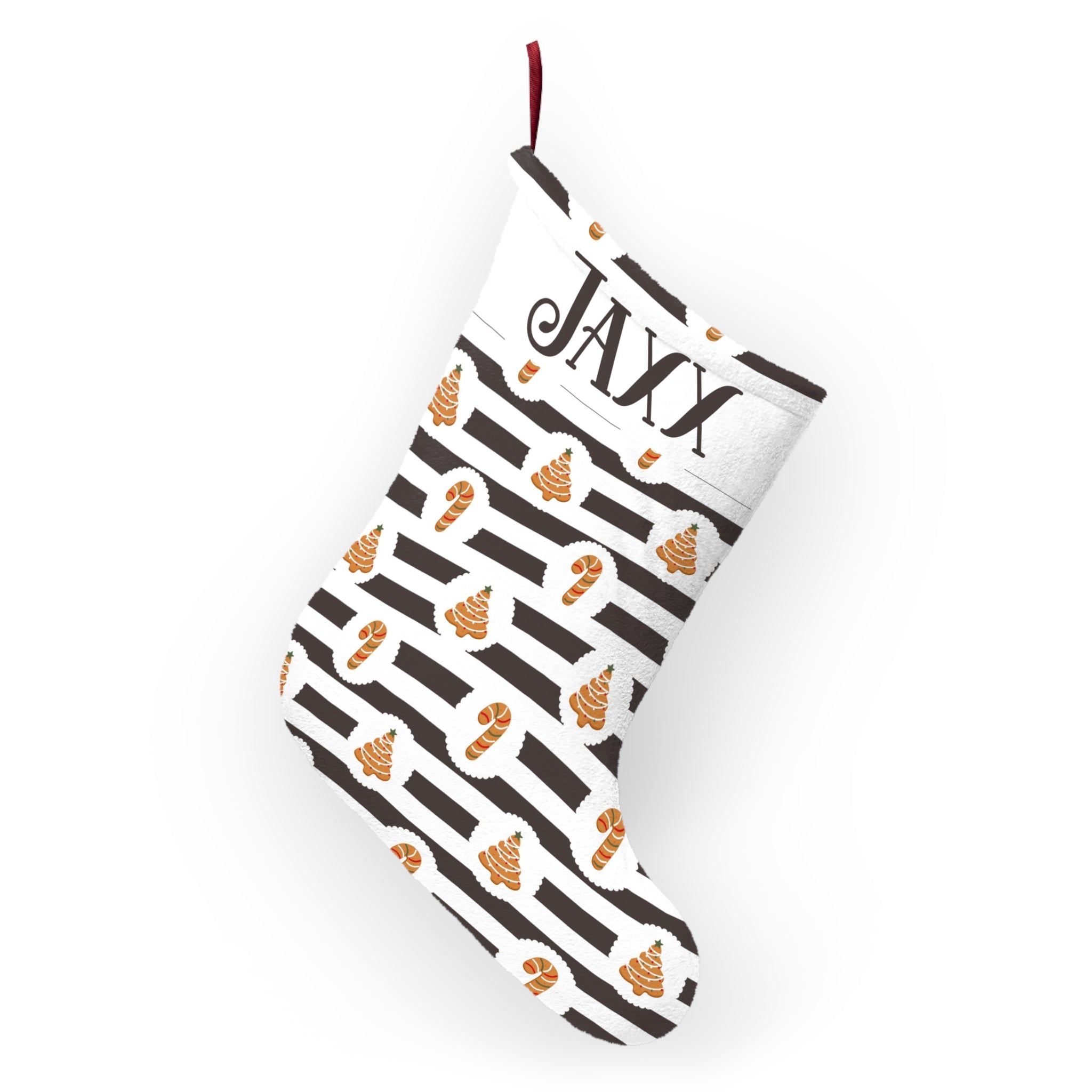 Striped gingerbread Christmas stocking shown hanging as festive mantel decor