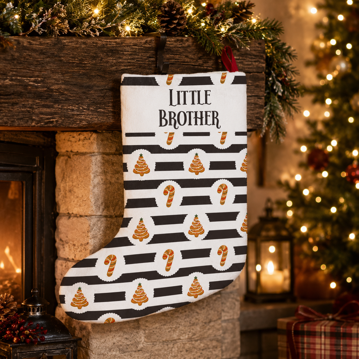 Personalization guide showing the custom name panel on the striped Christmas stocking