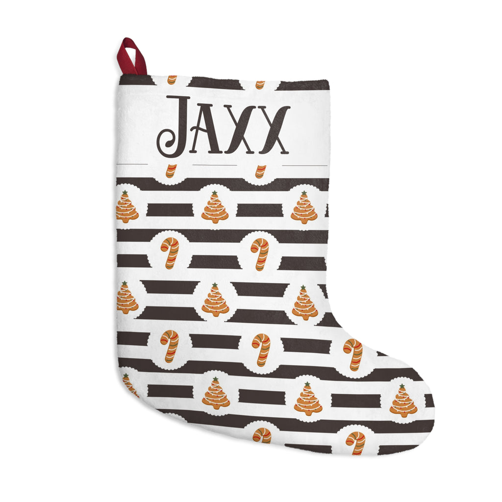 Personalized black and white striped Christmas stocking with gingerbread trees and candy canes and a custom name panel