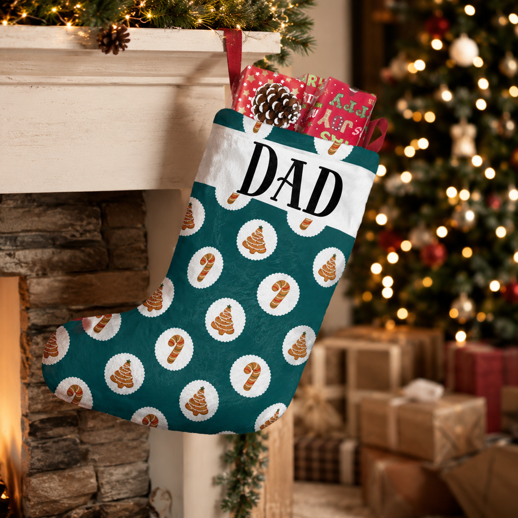 Design template for the teal gingerbread Christmas stocking showing the print layout