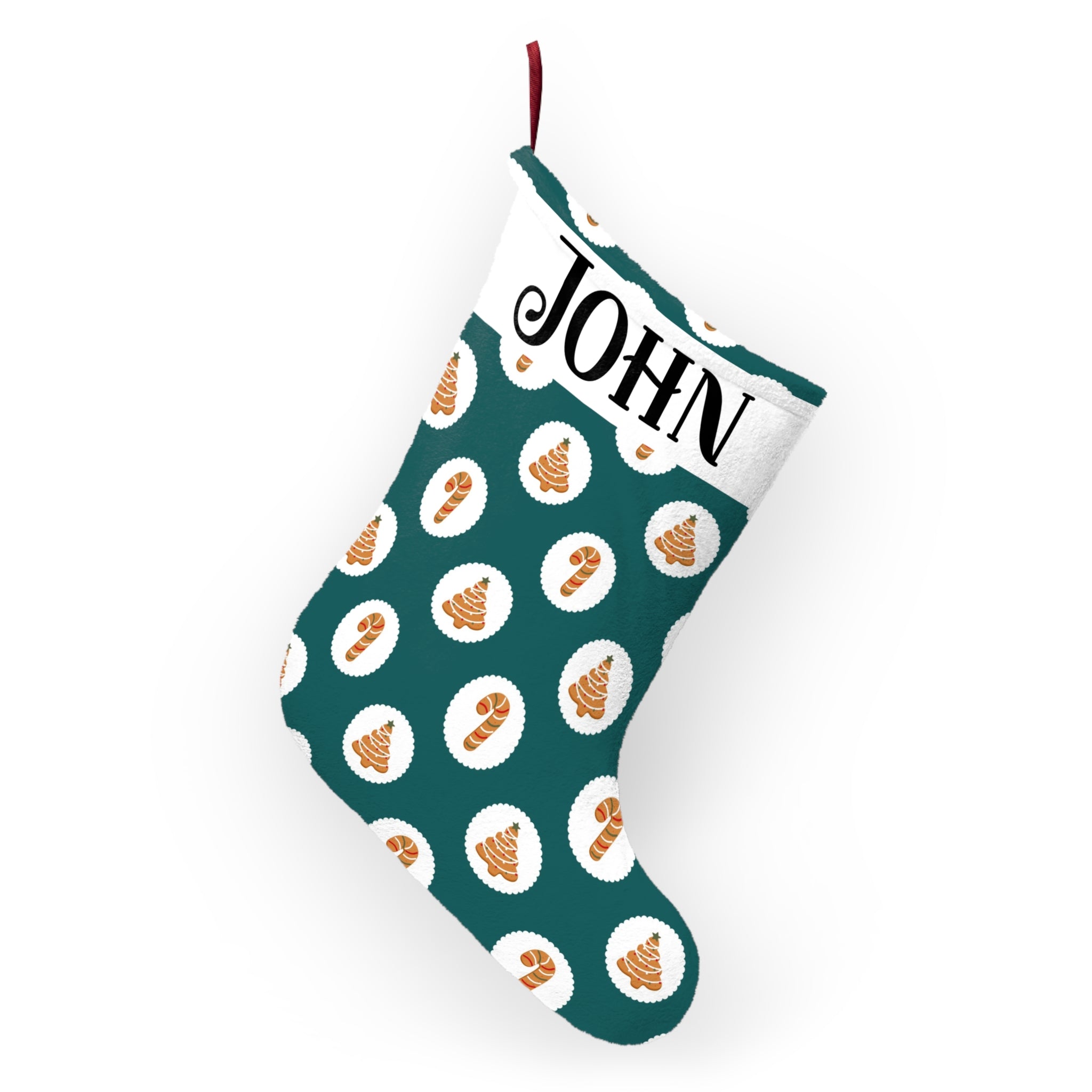 Teal gingerbread Christmas stocking shown hanging as festive mantel decor