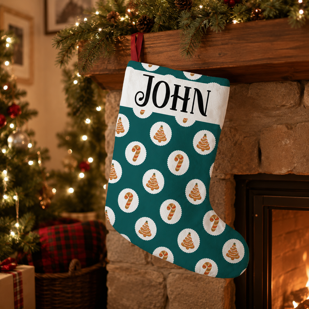 Personalization guide showing the custom name panel on the teal Christmas stocking
