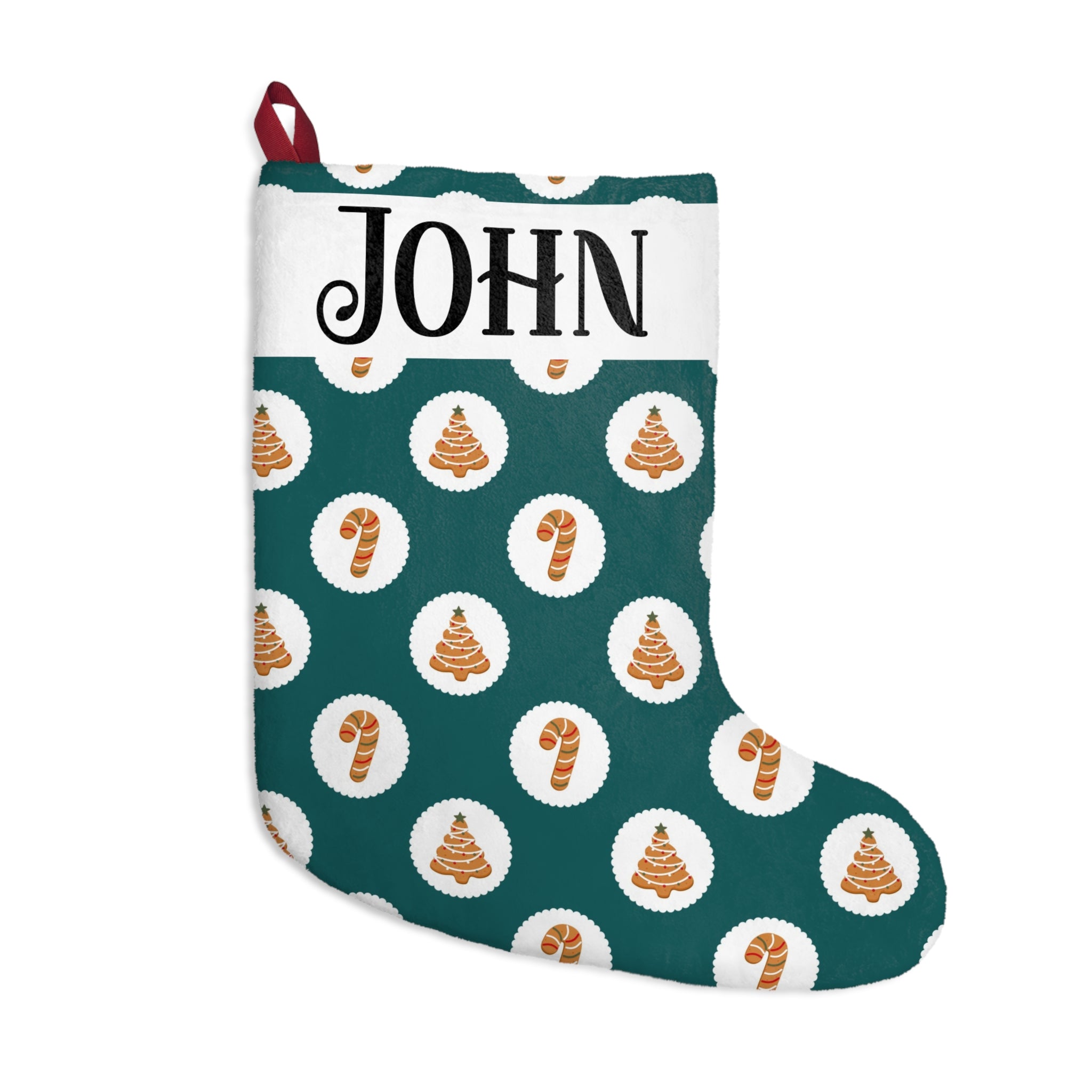 Personalized teal Christmas stocking with gingerbread trees and candy canes in white dots and a custom name panel
