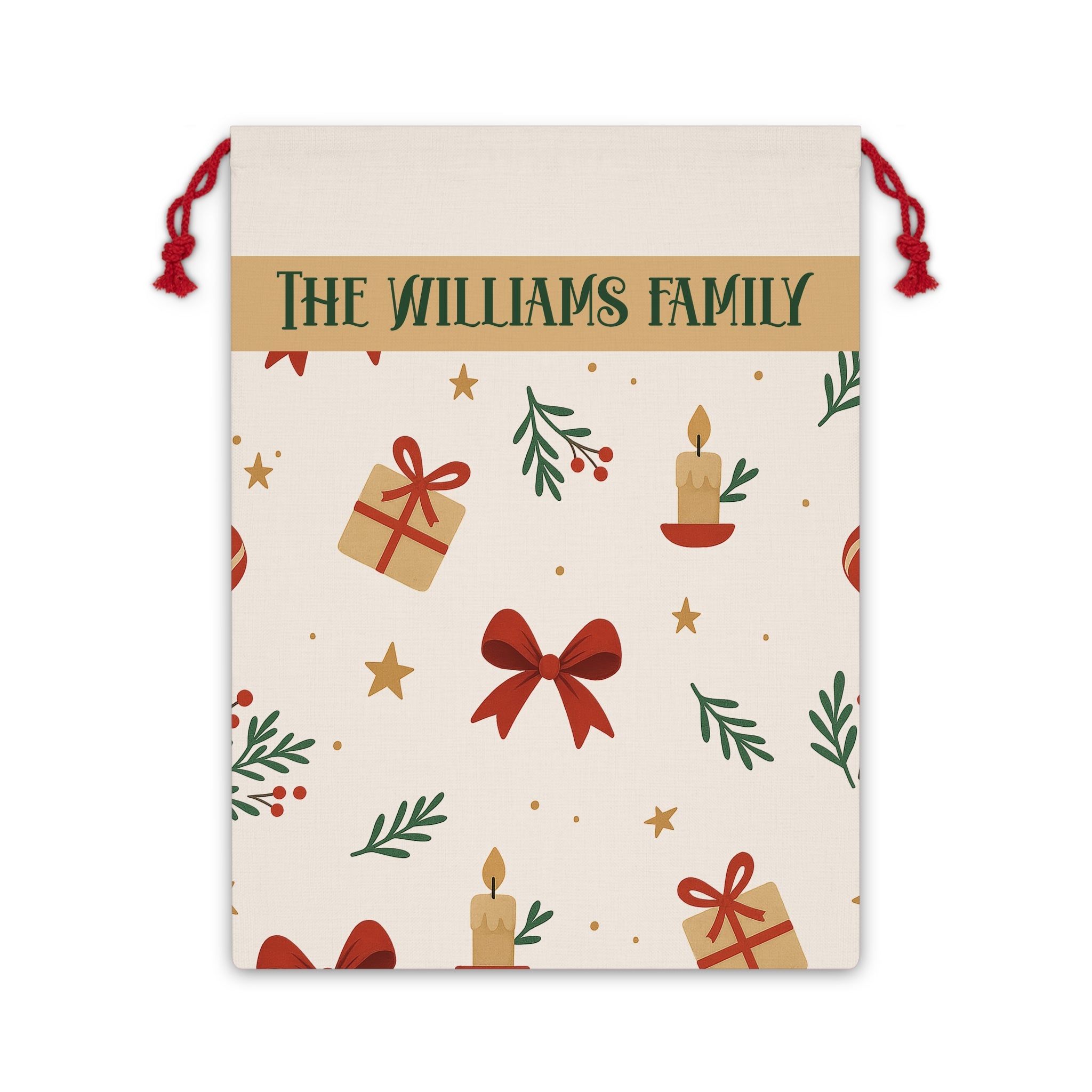 Personalized vintage Christmas Santa sack with a family name band, gifts, candles and red bows on a cream drawstring bag