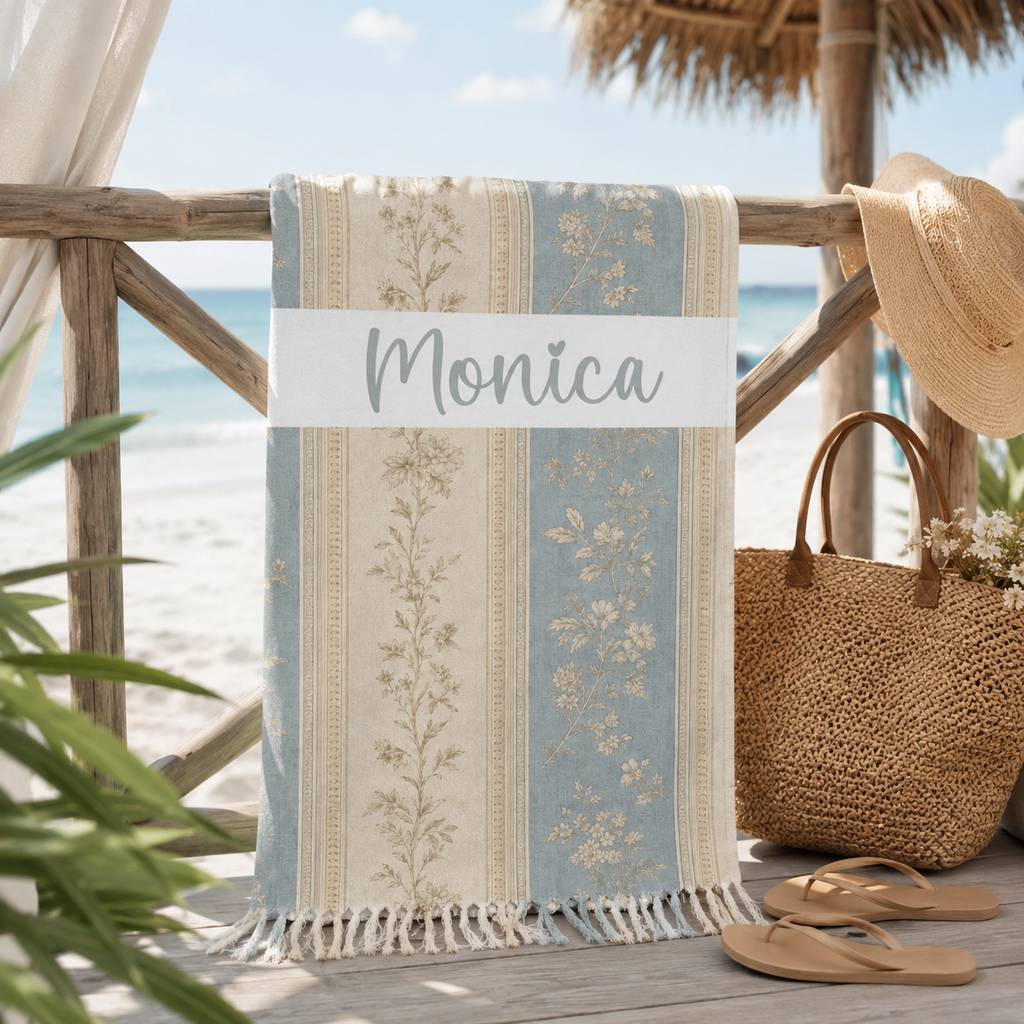 Vintage floral stripe beach towel design detail with custom name