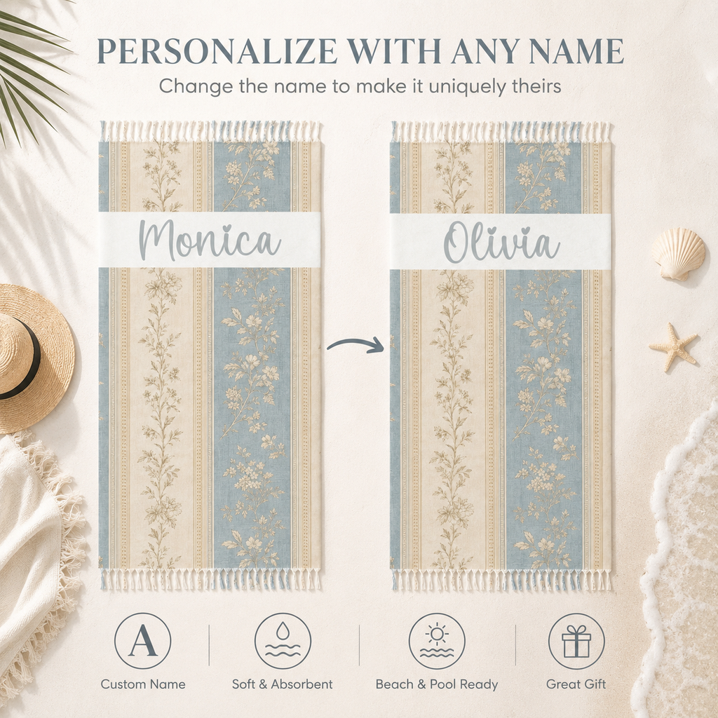 Blue toile floral personalized beach towel artwork